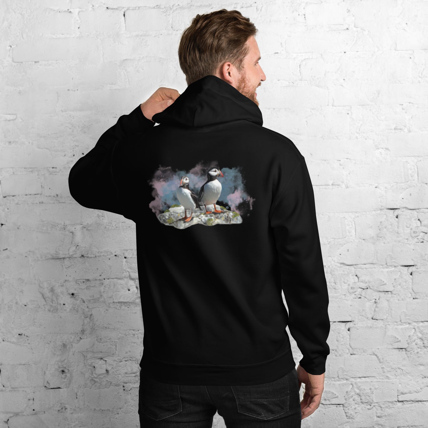 'A Pair of Puffins' Hoodie - Back Image with Logo