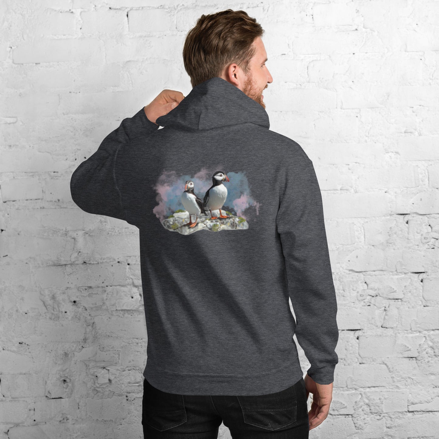 'A Pair of Puffins' Hoodie - Back Image with Logo