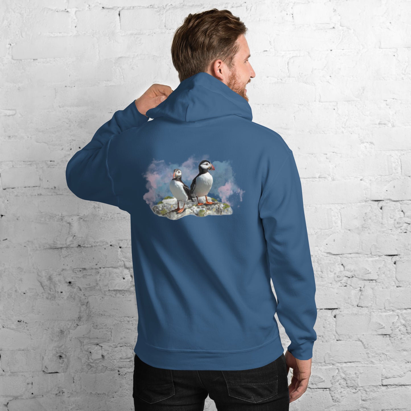 'A Pair of Puffins' Hoodie - Back Image with Logo