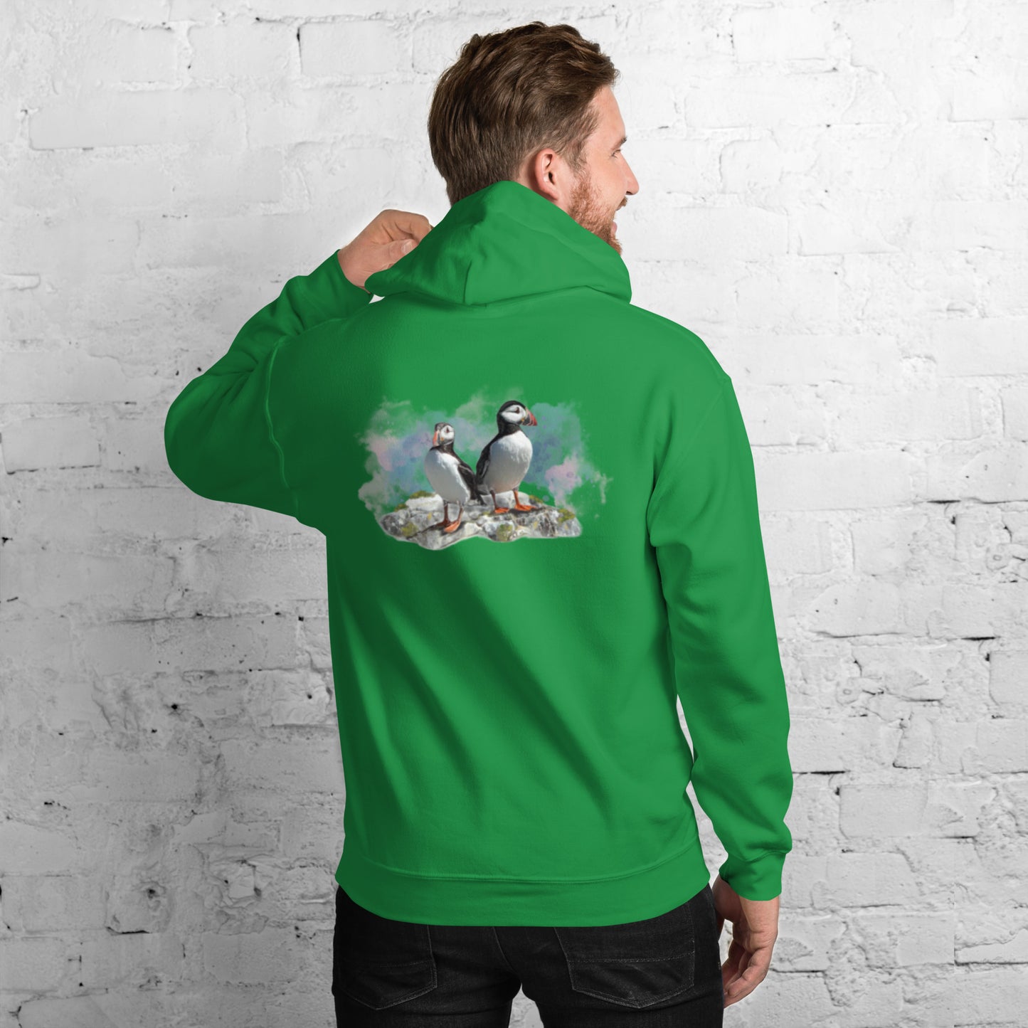 'A Pair of Puffins' Hoodie - Back Image with Logo