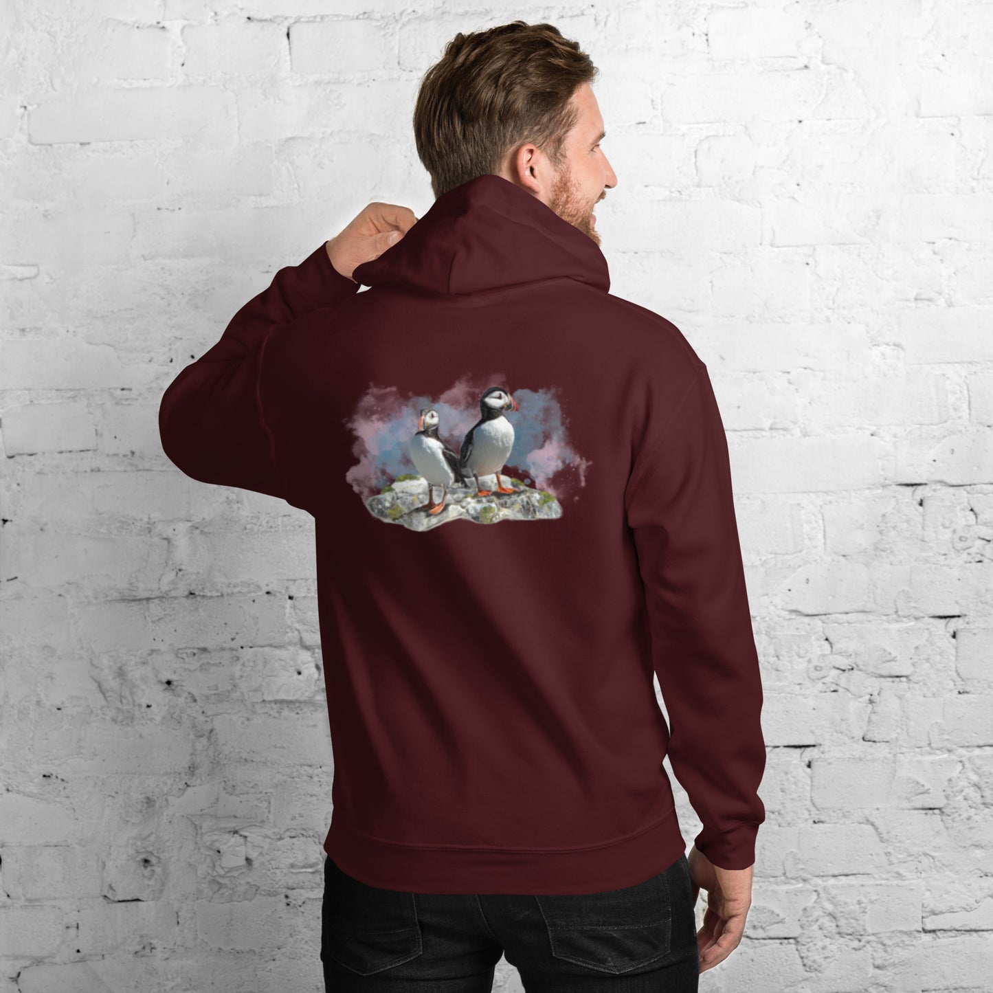 'A Pair of Puffins' Hoodie - Back Image with Logo