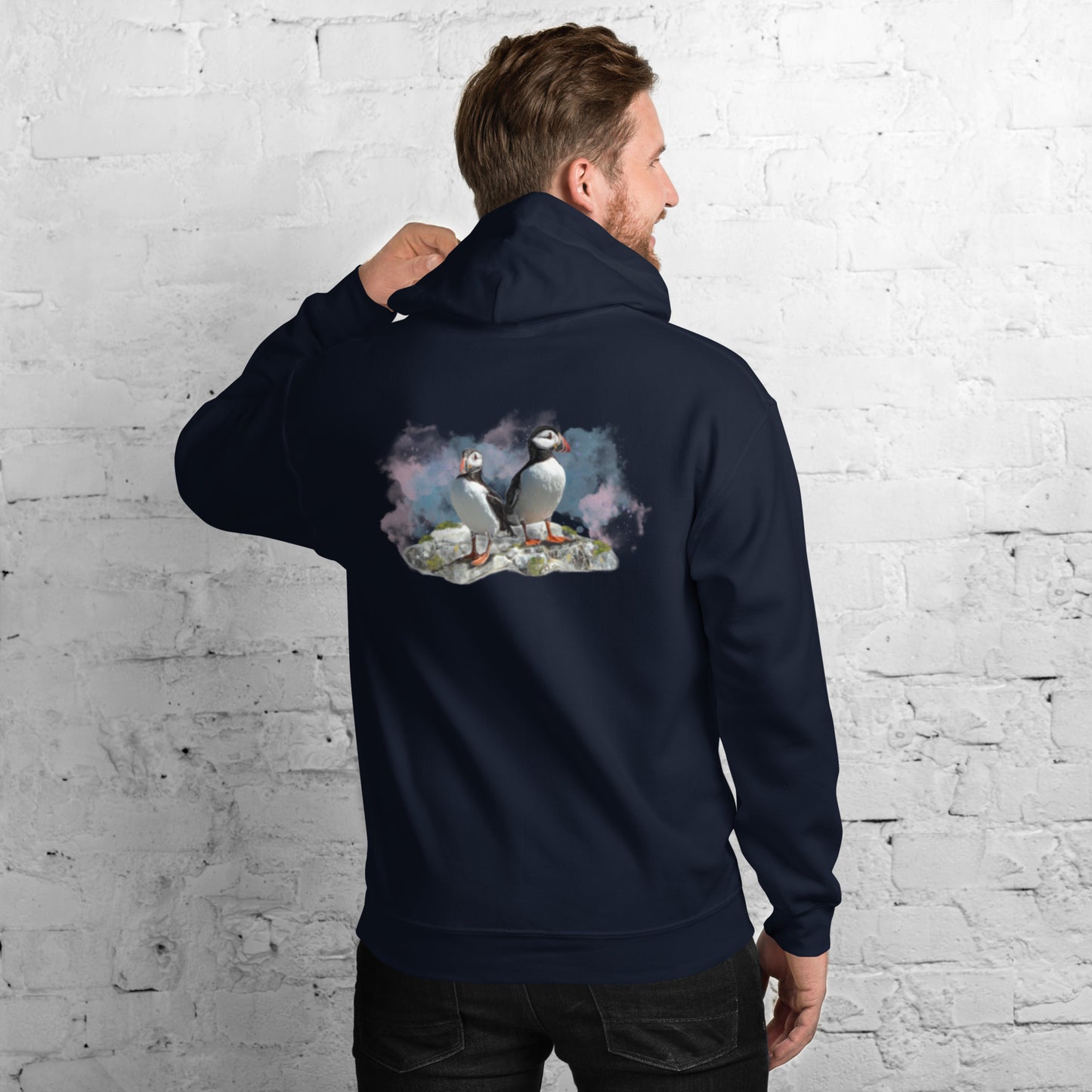 'A Pair of Puffins' Hoodie - Back Image with Logo