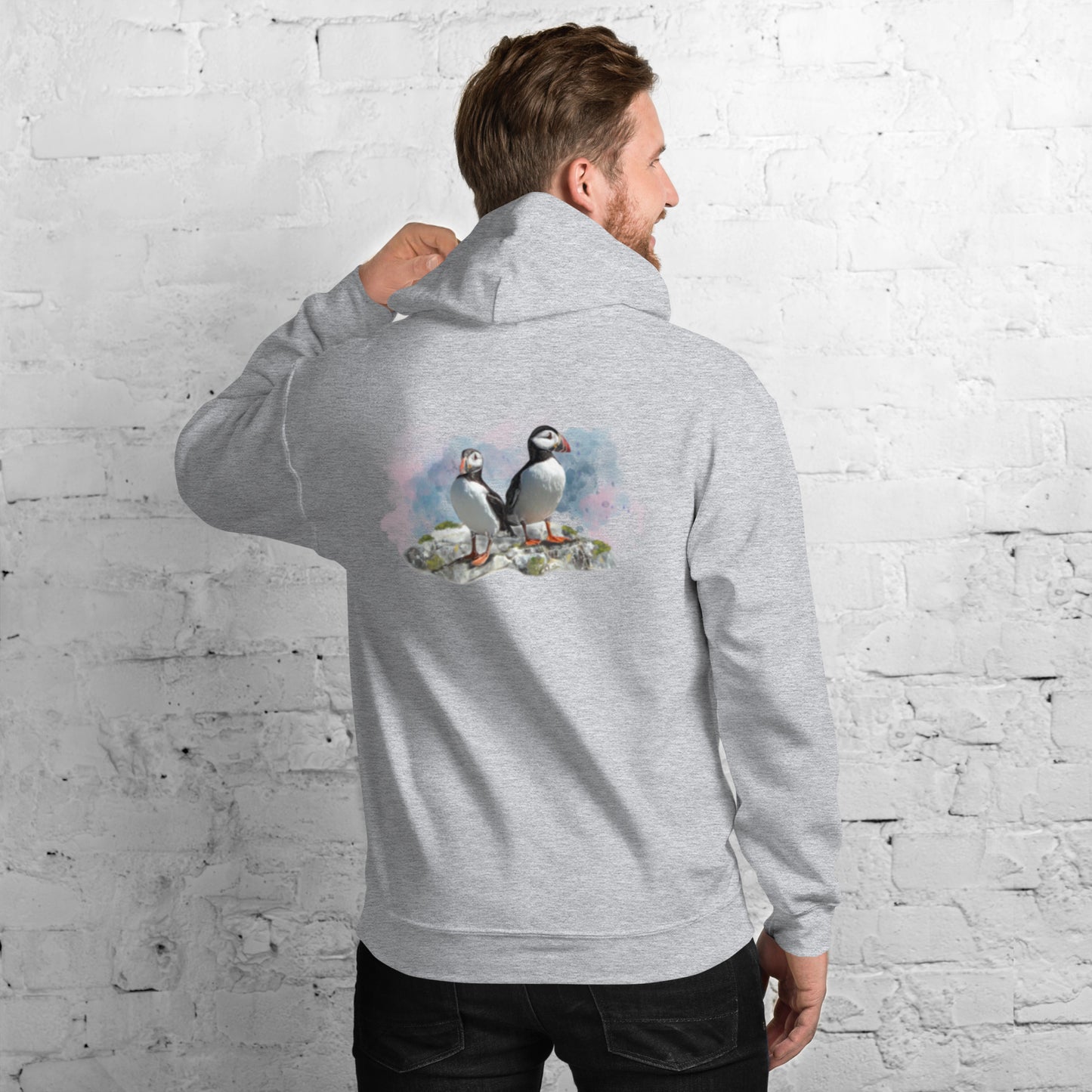 'A Pair of Puffins' Hoodie - Back Image with Logo