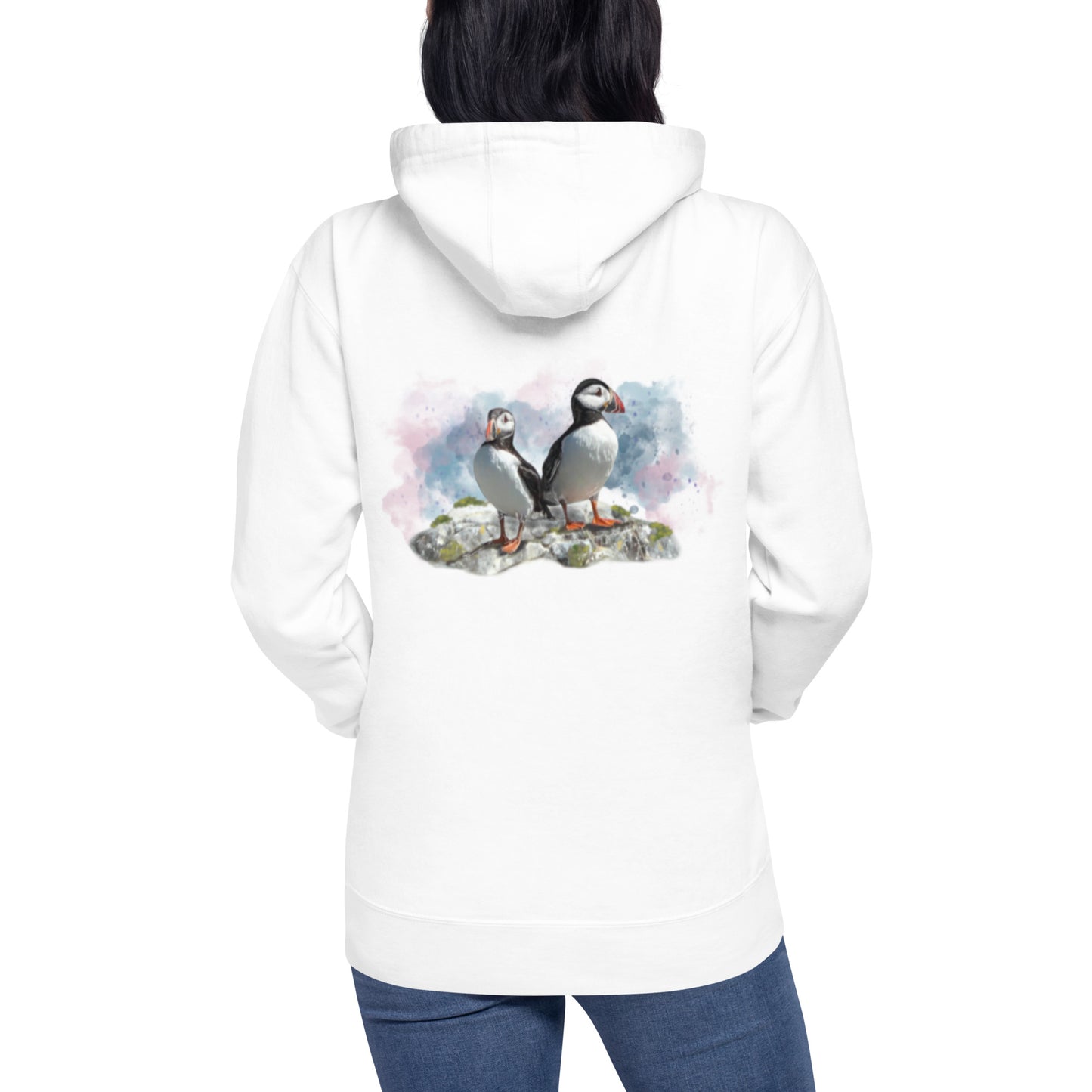 'Pair of Puffins' White Hoodie - Back Image with Pink Front Logo