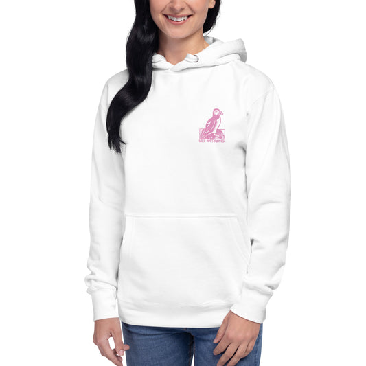 'Pair of Puffins' White Hoodie - Back Image with Pink Front Logo