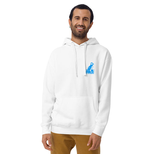 'Pair of Puffins' White Hoodie - Back Image with Blue Front Logo