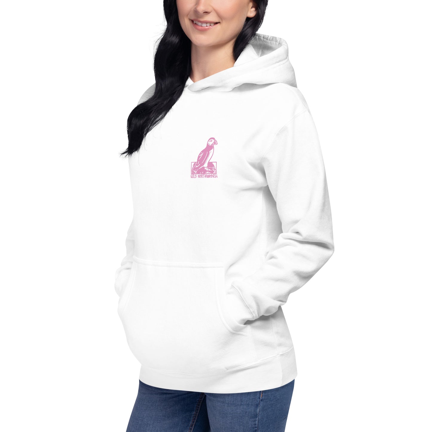 'Pair of Puffins' White Hoodie - Back Image with Pink Front Logo