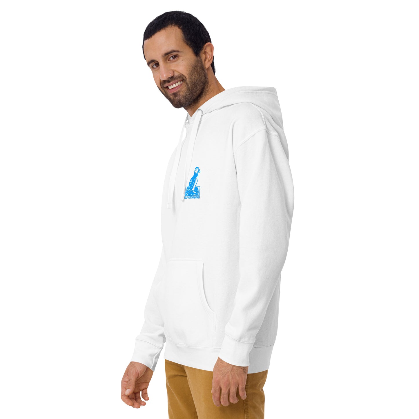 'Pair of Puffins' White Hoodie - Back Image with Blue Front Logo